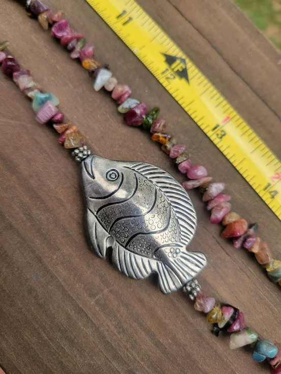Sterling-Tone Fish Pendant Belt or Necklace with Multicolor Tourmaline Chips - Picture 1 of 6